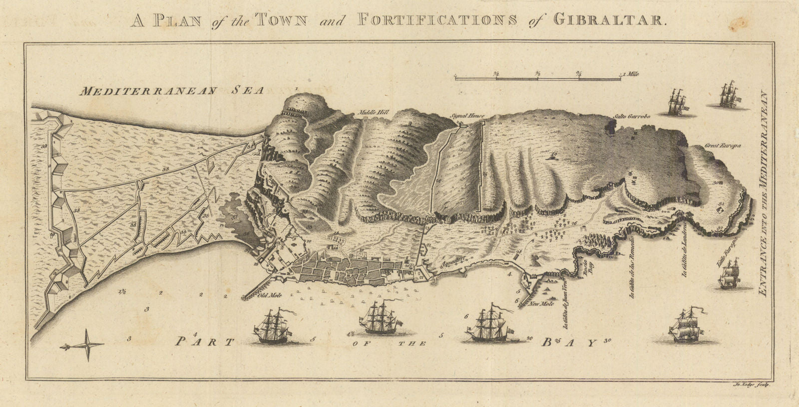 A Plan of the Town and Fortifications of Gibraltar, by John Lodge 1780 old map